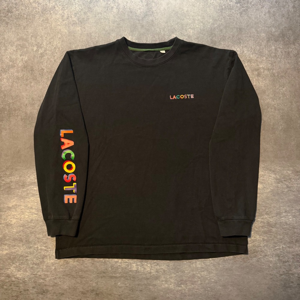 Lacoste Long Sleeve Shirt Mens XL Black Multi Color Rainbow Sleeve Logo Spellout